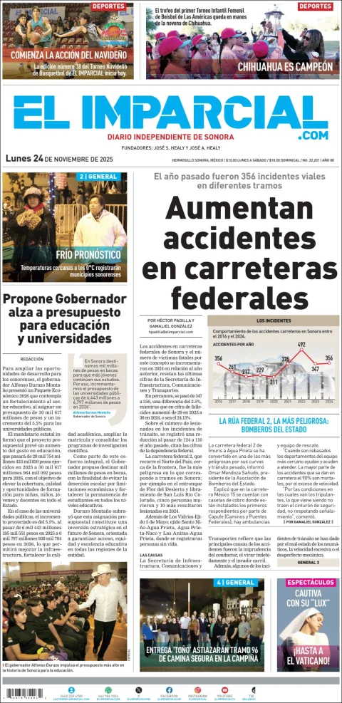 Portada de El Imparcial del lunes, 24 de noviembre de 2025