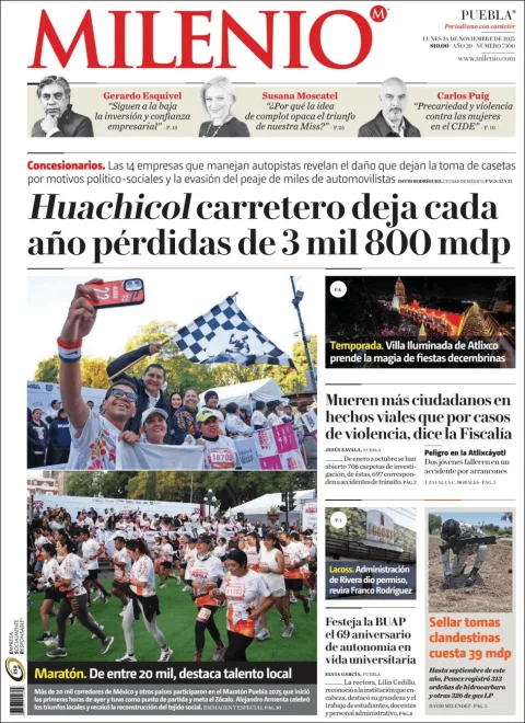 Portada de Milenio Puebla del lunes, 24 de noviembre de 2025