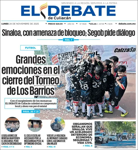 Portada de El Debate de Culiacan del lunes, 24 de noviembre de 2025