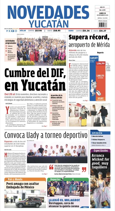 Portada de Novedades Yucatan del lunes, 24 de noviembre de 2025