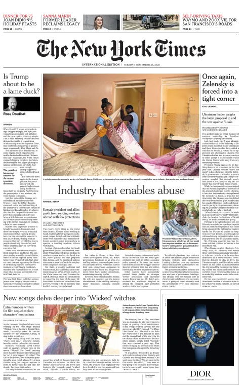 Portada de The New York Times (international) del martes, 25 de noviembre de 2025