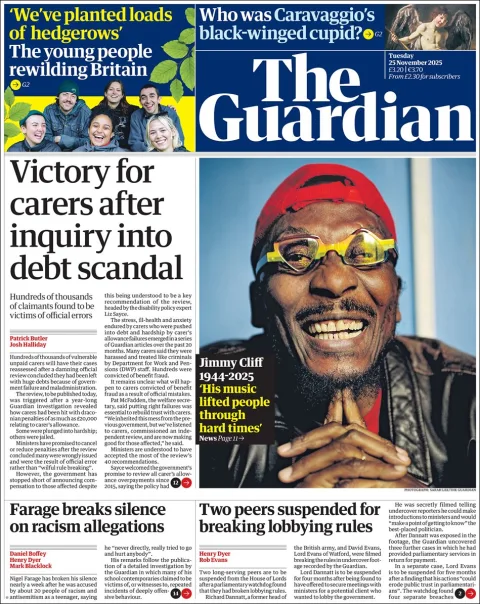 Portada de The Guardian (reino Unido) del martes, 25 de noviembre de 2025