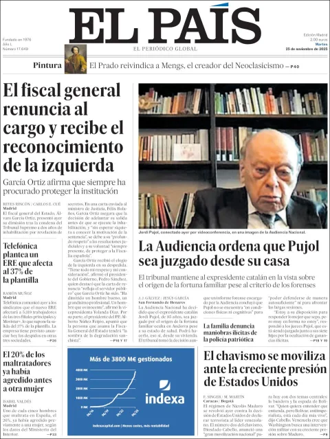 Portada de El Pais del martes, 25 de noviembre de 2025