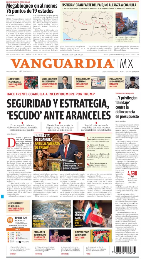 Portada de Vanguardia del martes, 25 de noviembre de 2025
