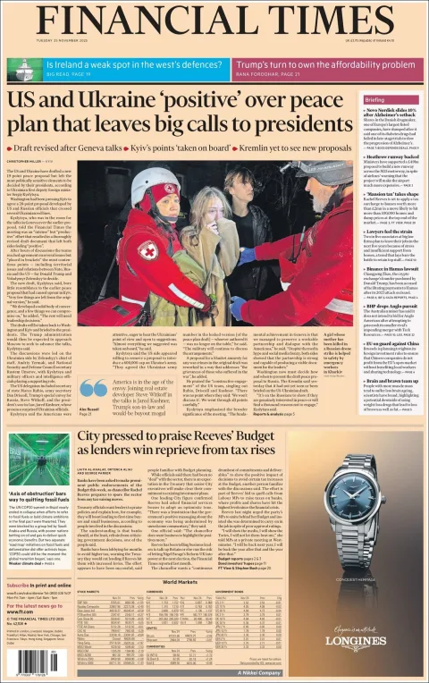 Portada de Financial Times del martes, 25 de noviembre de 2025