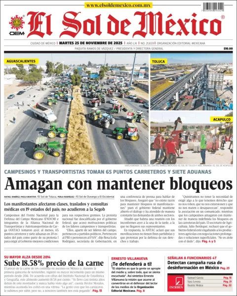 Portada de El Sol de Mexico del martes, 25 de noviembre de 2025