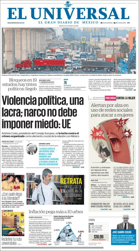 Portada de El Universal del martes, 25 de noviembre de 2025