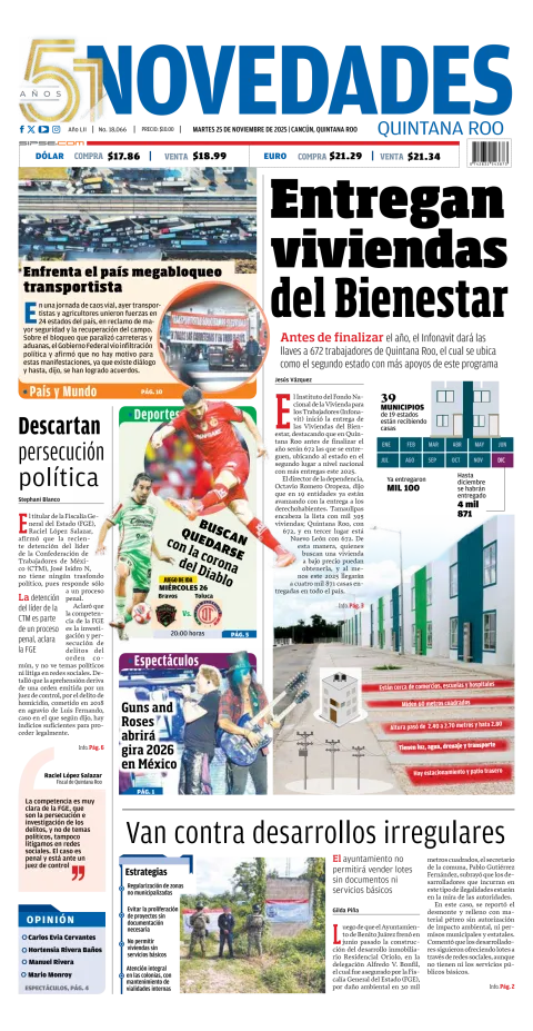 Portada de Novedades Quintana Roo del martes, 25 de noviembre de 2025