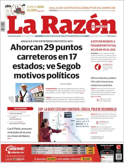 Portada de La Razon del martes, 25 de noviembre de 2025