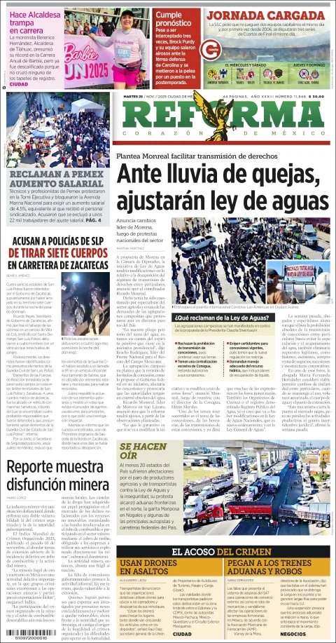 Portada de Reforma del martes, 25 de noviembre de 2025