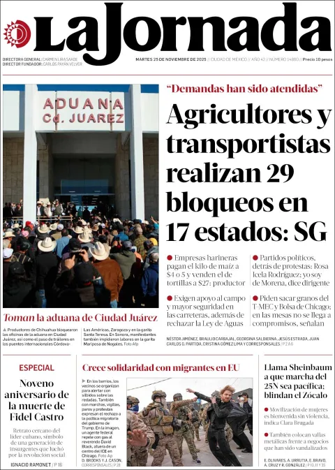 Portada de La Jornada del martes, 25 de noviembre de 2025