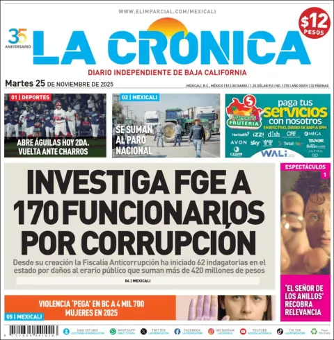 Portada de La Cronica del martes, 25 de noviembre de 2025