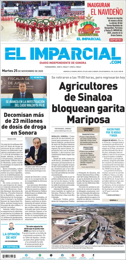 Portada de El Imparcial del martes, 25 de noviembre de 2025