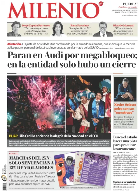 Portada de Milenio Puebla del martes, 25 de noviembre de 2025