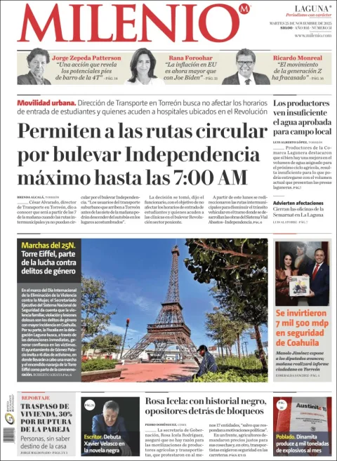 Portada de Milenio Laguna del martes, 25 de noviembre de 2025