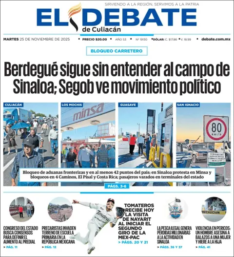 Portada de El Debate de Culiacan del martes, 25 de noviembre de 2025