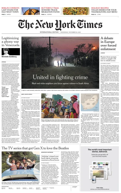 Portada de The New York Times (international) del miércoles, 26 de noviembre de 2025