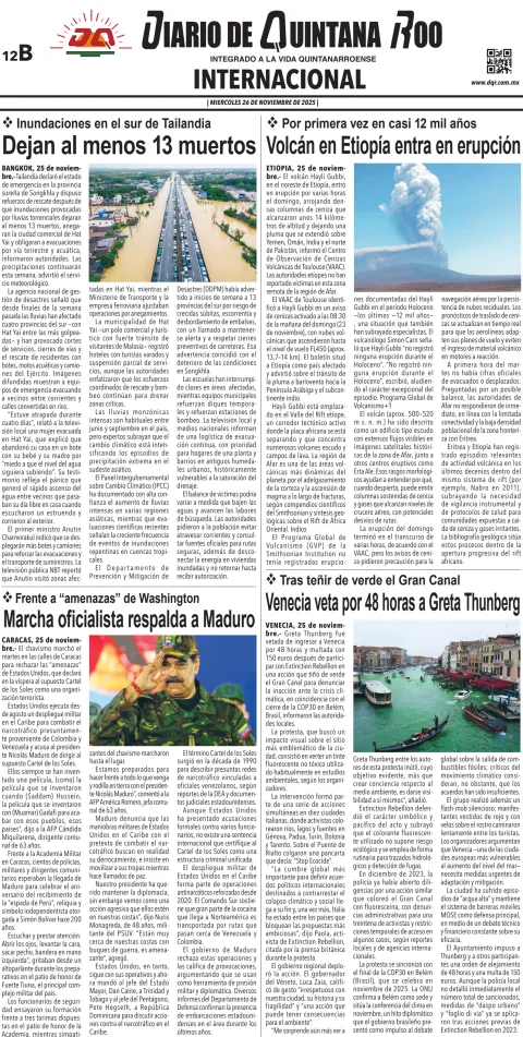 Portada de Diario de Quintana Roo (contra Portada) del miércoles, 26 de noviembre de 2025
