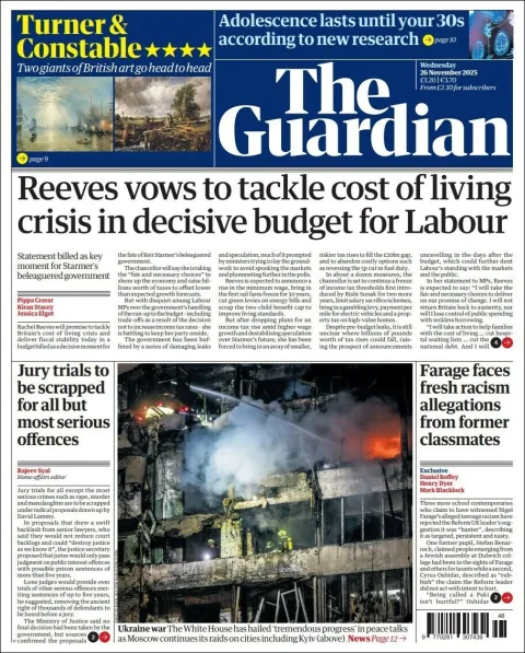 Portada de The Guardian (reino Unido) del miércoles, 26 de noviembre de 2025