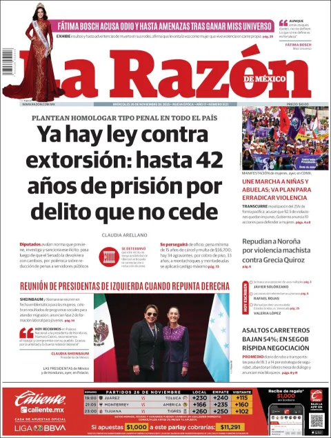 Portada de La Razon del miércoles, 26 de noviembre de 2025