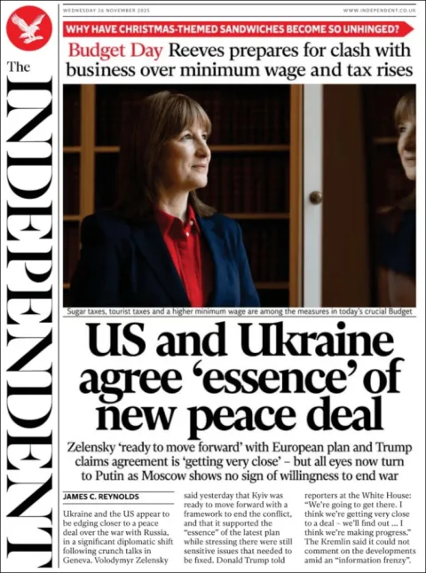 Portada de The Independent del miércoles, 26 de noviembre de 2025