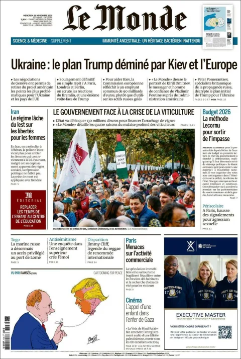 Portada de Le Monde del miércoles, 26 de noviembre de 2025