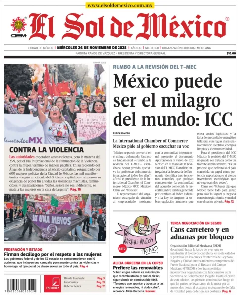 Portada de El Sol de Mexico del miércoles, 26 de noviembre de 2025