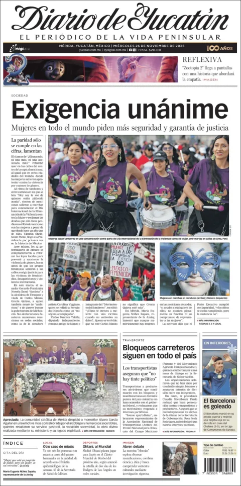 Portada de Diario de Yucatán del miércoles, 26 de noviembre de 2025