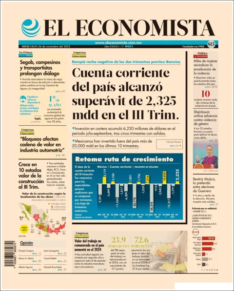 Portada de El Economista del miércoles, 26 de noviembre de 2025