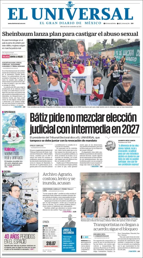 Portada de El Universal del miércoles, 26 de noviembre de 2025