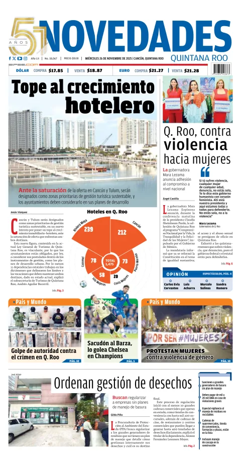 Portada de Novedades Quintana Roo del miércoles, 26 de noviembre de 2025