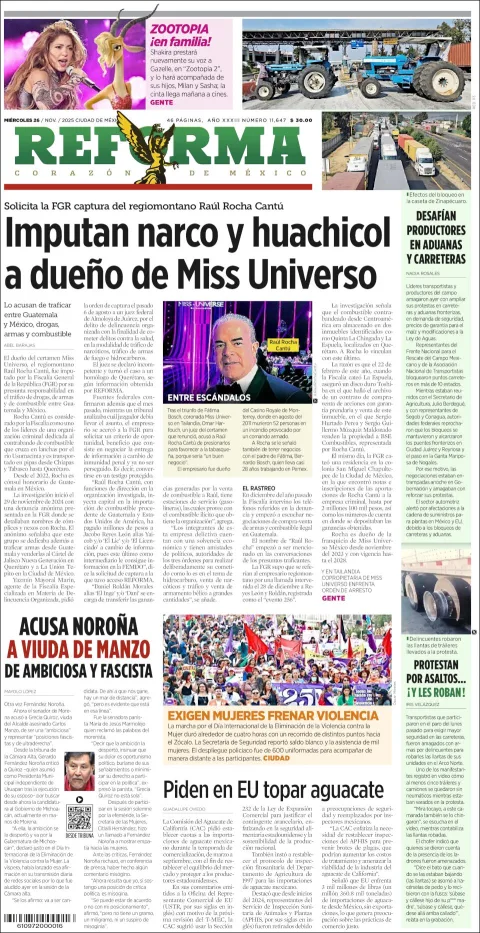 Portada de Reforma del miércoles, 26 de noviembre de 2025