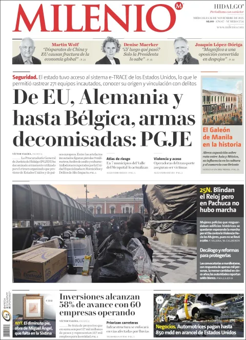 Portada de Milenio Hidalgo del miércoles, 26 de noviembre de 2025