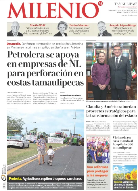 Portada de Milenio Tamaulipas del miércoles, 26 de noviembre de 2025