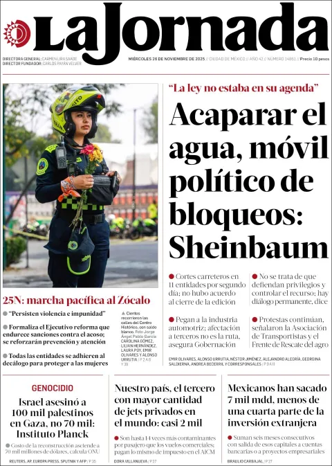 Portada de La Jornada del miércoles, 26 de noviembre de 2025