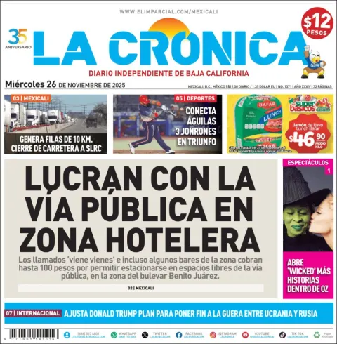 Portada de La Cronica del miércoles, 26 de noviembre de 2025