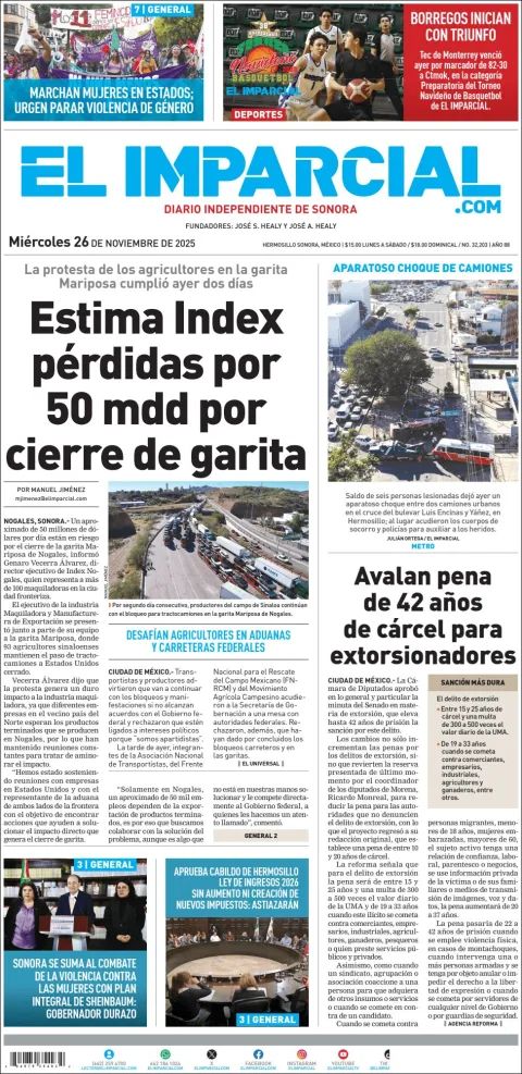 Portada de El Imparcial del miércoles, 26 de noviembre de 2025