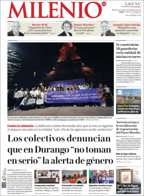 Portada de Milenio Laguna del miércoles, 26 de noviembre de 2025