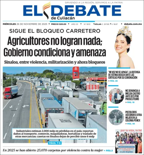 Portada de El Debate de Culiacan del miércoles, 26 de noviembre de 2025
