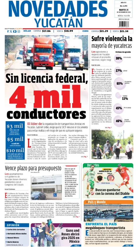 Portada de Novedades Yucatan del martes, 25 de noviembre de 2025