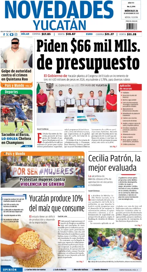 Portada de Novedades Yucatan del miércoles, 26 de noviembre de 2025