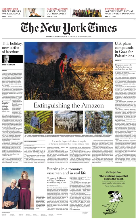 Portada de The New York Times (international) del jueves, 27 de noviembre de 2025