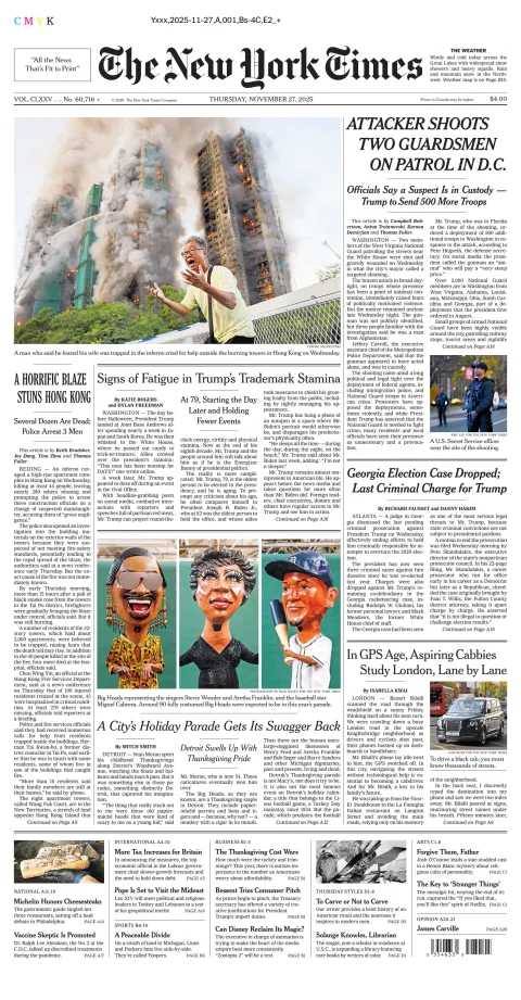 Portada de The New York Times (national) del jueves, 27 de noviembre de 2025