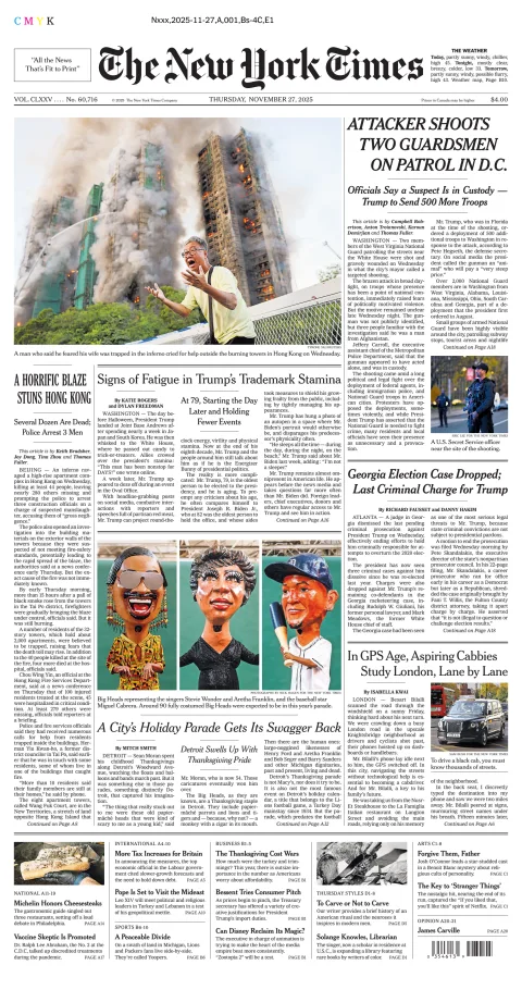 Portada de The New York Times (new York) del jueves, 27 de noviembre de 2025
