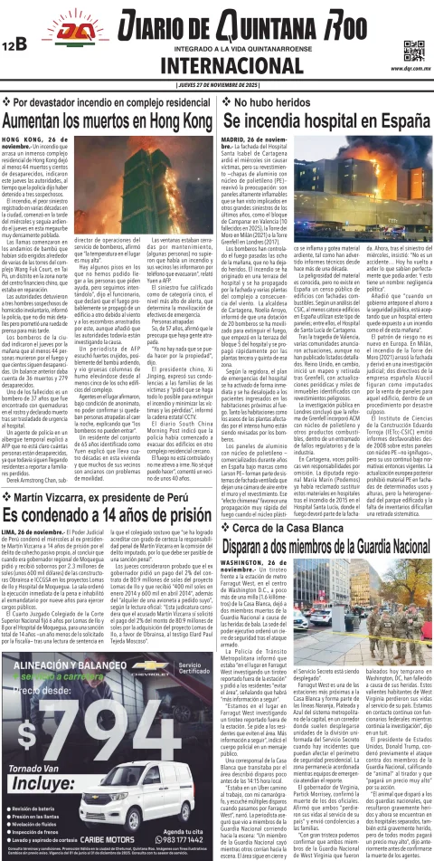 Portada de Diario de Quintana Roo (contra Portada) del jueves, 27 de noviembre de 2025