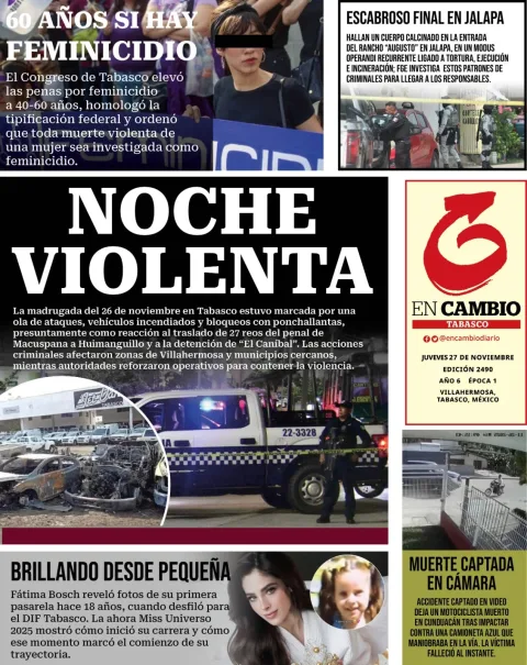 Portada de En Cambio - Tabasco (contraportada) del jueves, 27 de noviembre de 2025