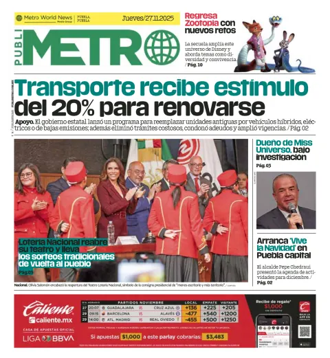 Portada de Publimetro Puebla del jueves, 27 de noviembre de 2025
