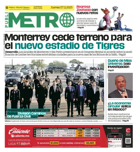 Portada de Publimetro Monterrey del jueves, 27 de noviembre de 2025