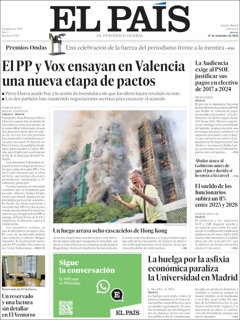 Portada de El Pais del jueves, 27 de noviembre de 2025