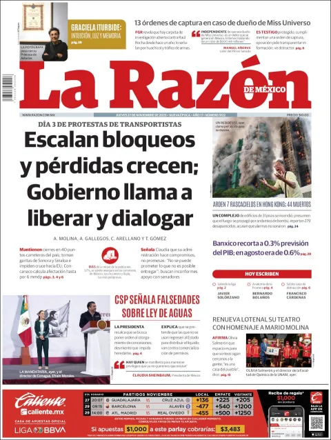 Portada de La Razon del jueves, 27 de noviembre de 2025